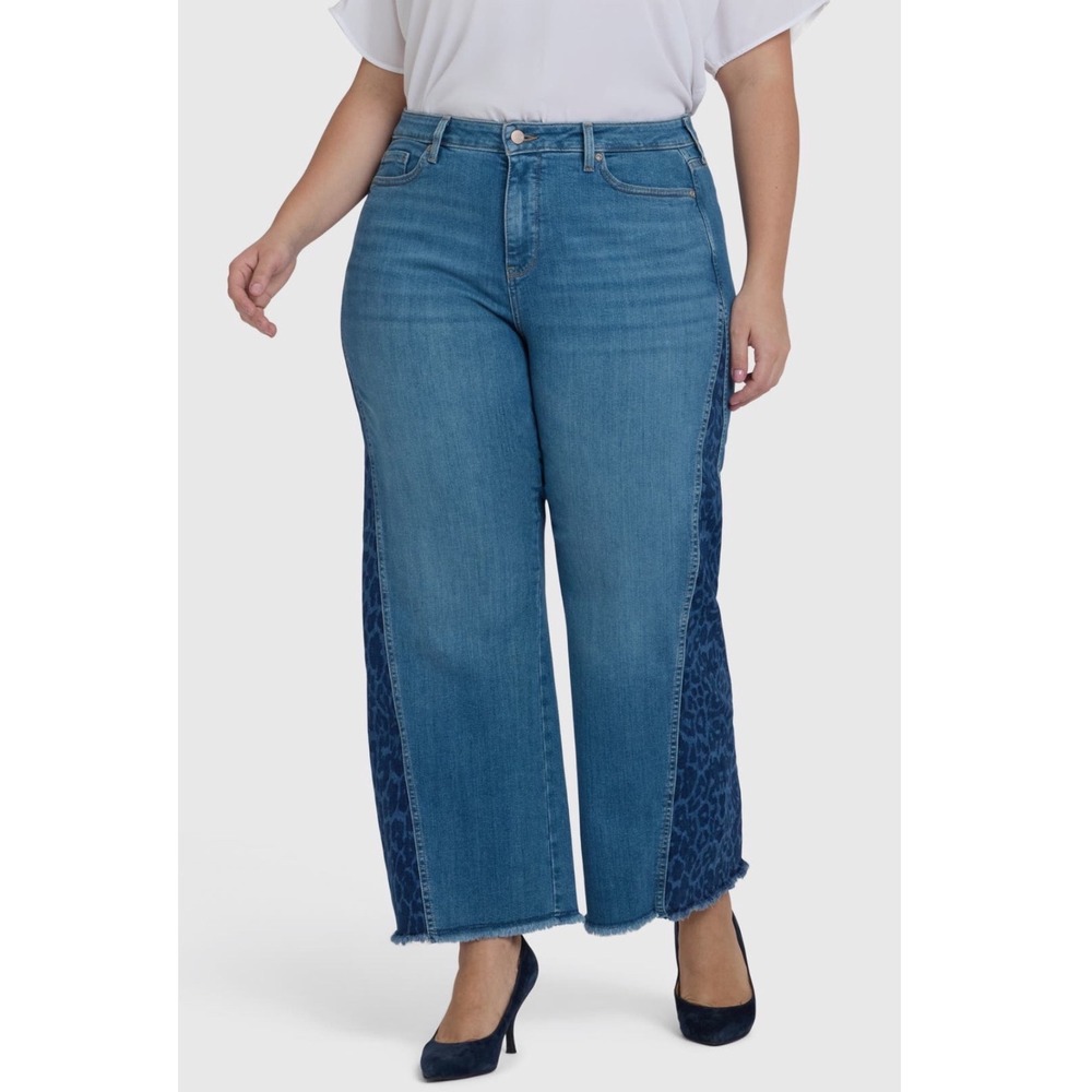 NYDJ Teresa Wide Leg Jeans 20W Leopard Contrast Side Panel Raw Hem Lift Tuck NEW